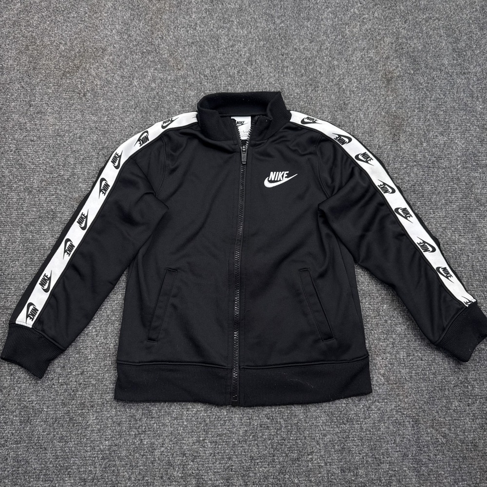 Nike TRack Jacket Youth Size 6-7 Years Black White Full Zip Swoosh Tape Logo